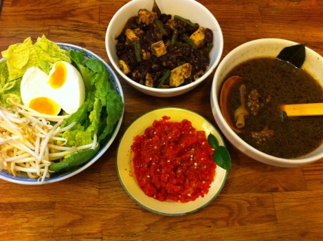 Nasi Rawon - Rice with East Javanese spiced beef broth, served with salted duck egg, sambal and vegetable dips